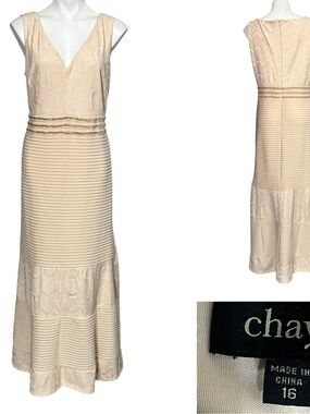 Chaya Maxi formal Dress Sz 16 Cream V-Neck Tiered stretch sleeveless